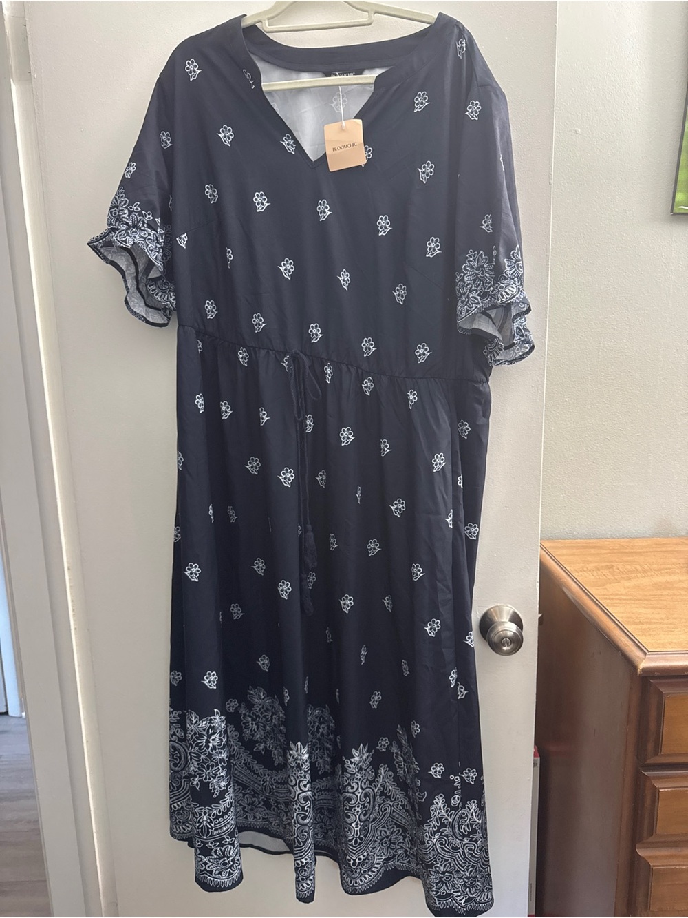 BloomChic Navy Midi Dress with White Paisley Border
